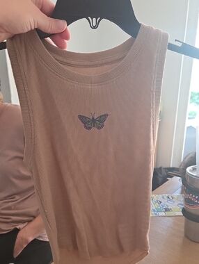 American Eagle Outfitters Beige Ribbed Tank with Purple Butterfly